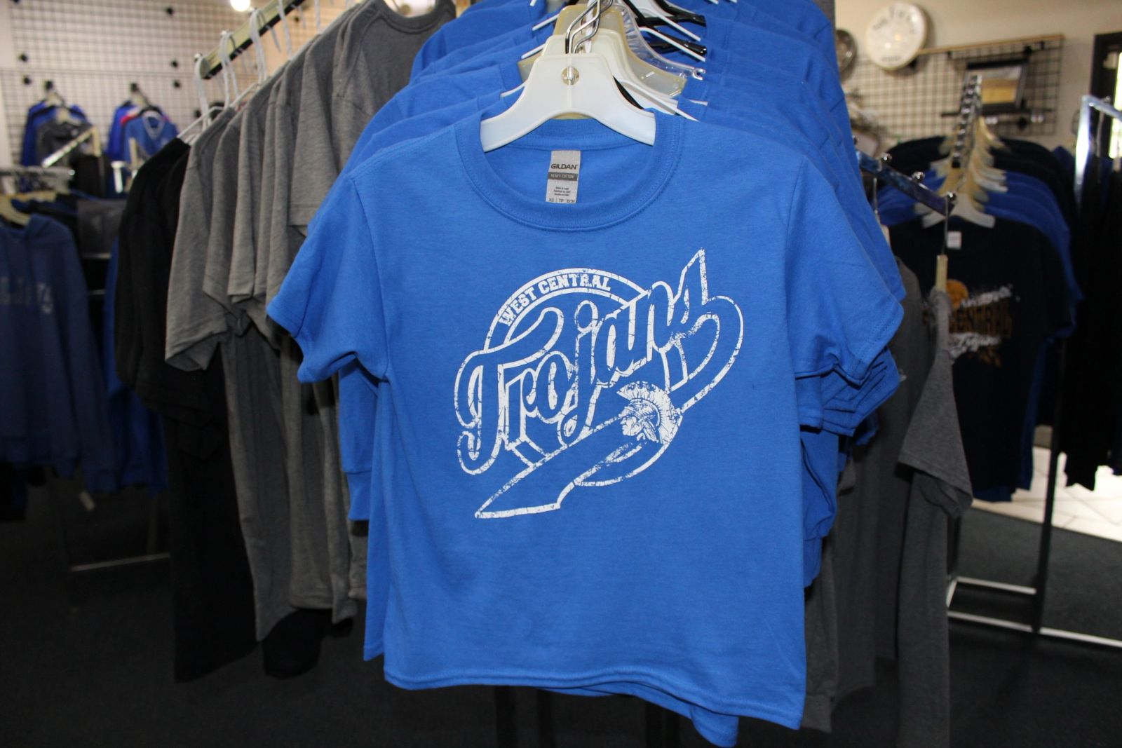 West Central spirit wear — inside the Grocott Ink & Thread print shop, Hartford SD