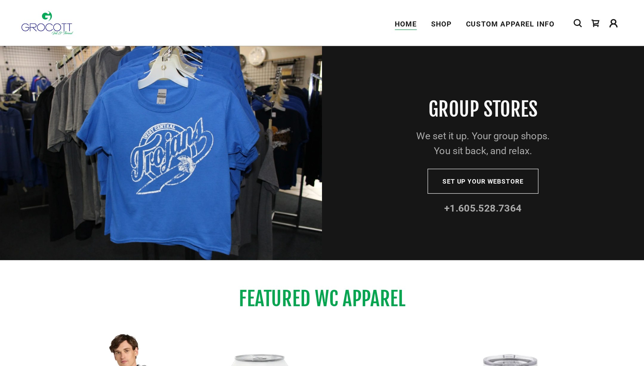 Grocott Ink & Thread online group store homepage showing West Central Trojans apparel
