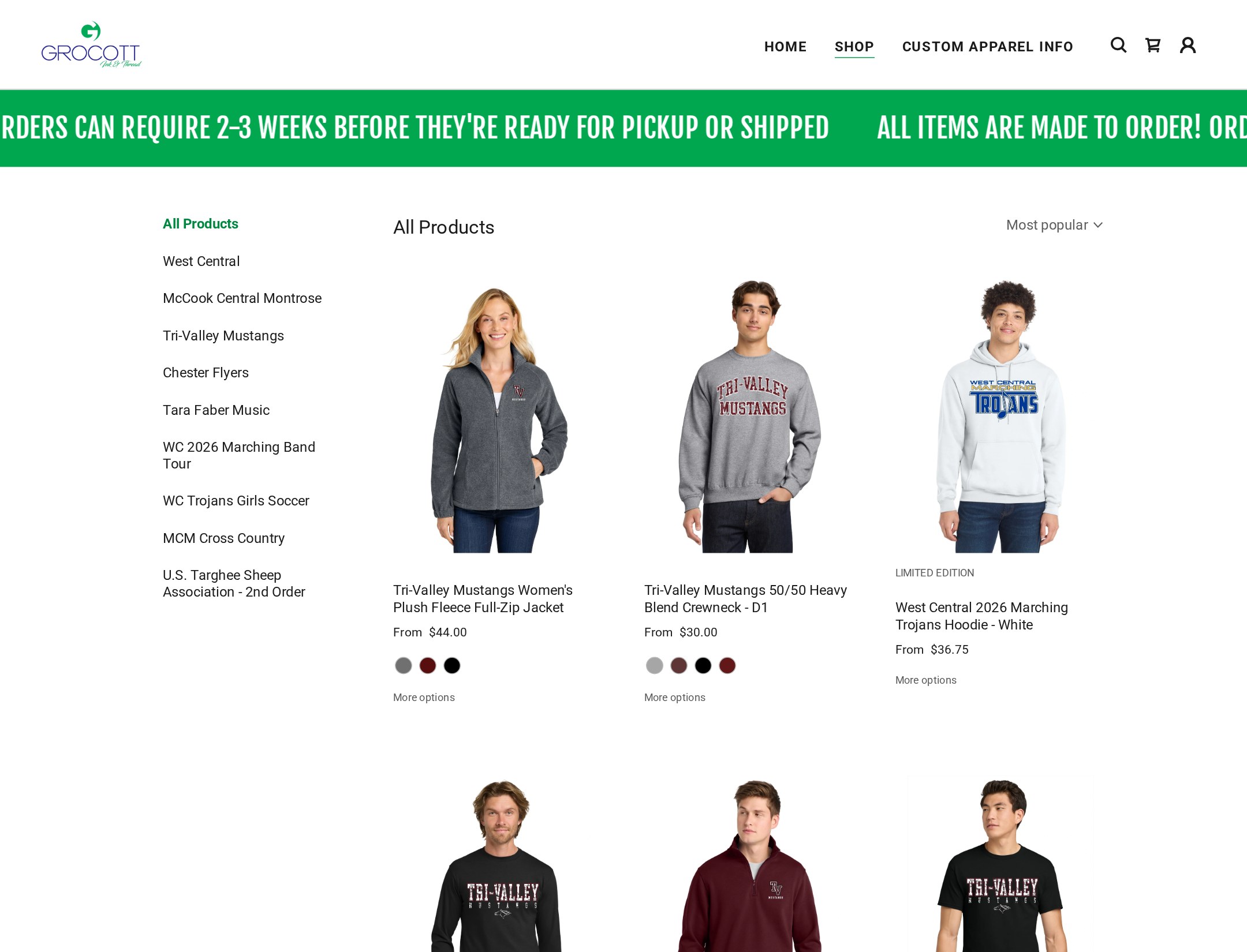 Grocott online store product grid with group apparel, sizes, and colors — Grocott Ink & Thread online group store, Hartford SD