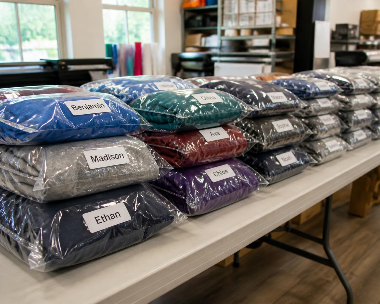 Individually bagged group orders labeled with each buyer's name, ready for pickup — Grocott Ink & Thread online group store, Hartford SD